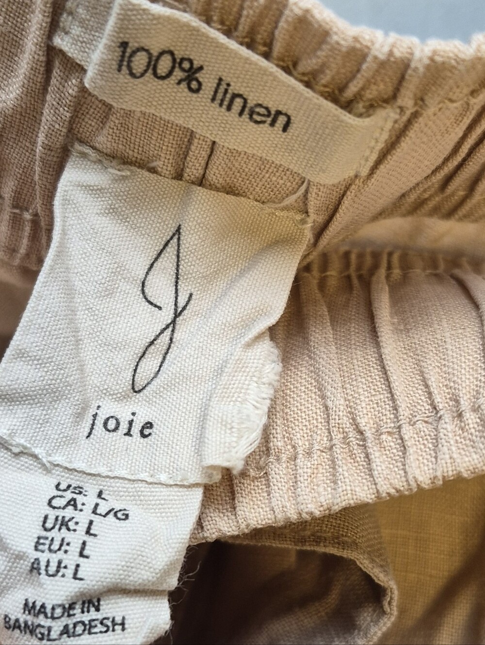 Joie 100% Linen Wide Leg Drawstring Pants Tan Beige Beachy Boho Coastal Size L - Picture 11 of 12